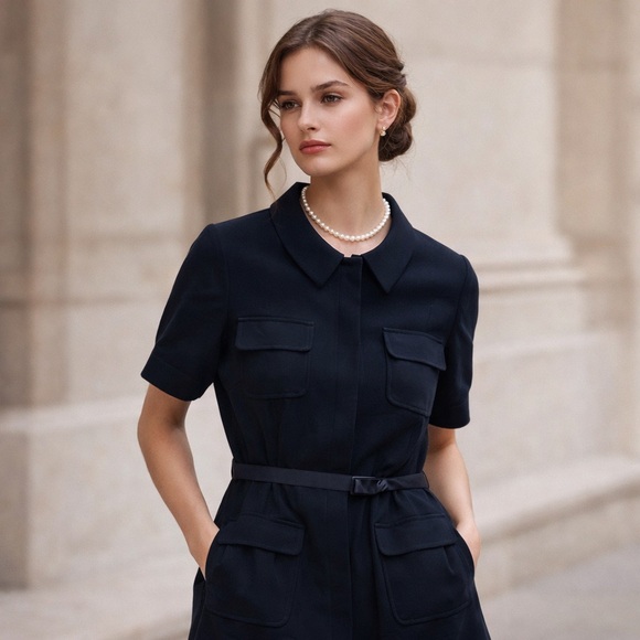 NWT Lafayette 148 100% Virgin Wool Crepe Belted Short Sleeve Shirt Dress sz 16W - Picture 2 of 11